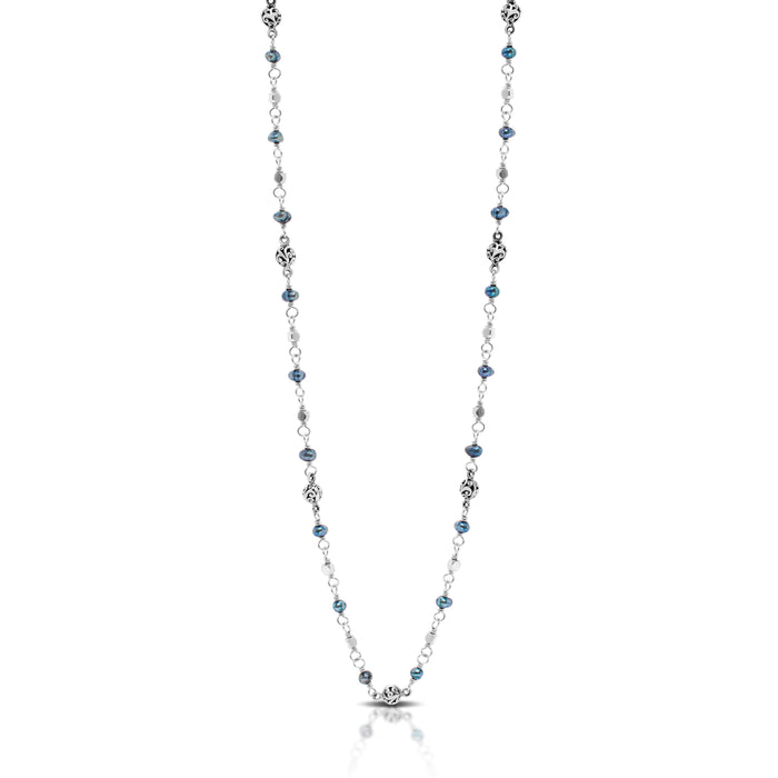 Blue Pearl & LH Scroll Beads Single Strand Necklace (17"-20")