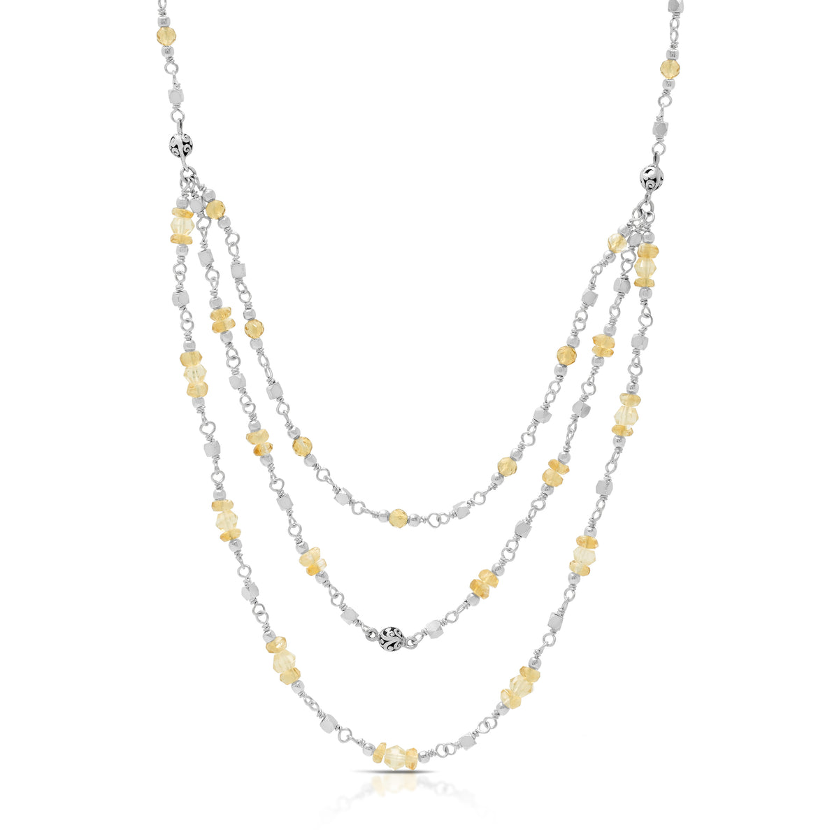 Faceted Citrine Beads & LH Scroll Beads Three Strands Wire-Wrapped Necklace (17"-20")