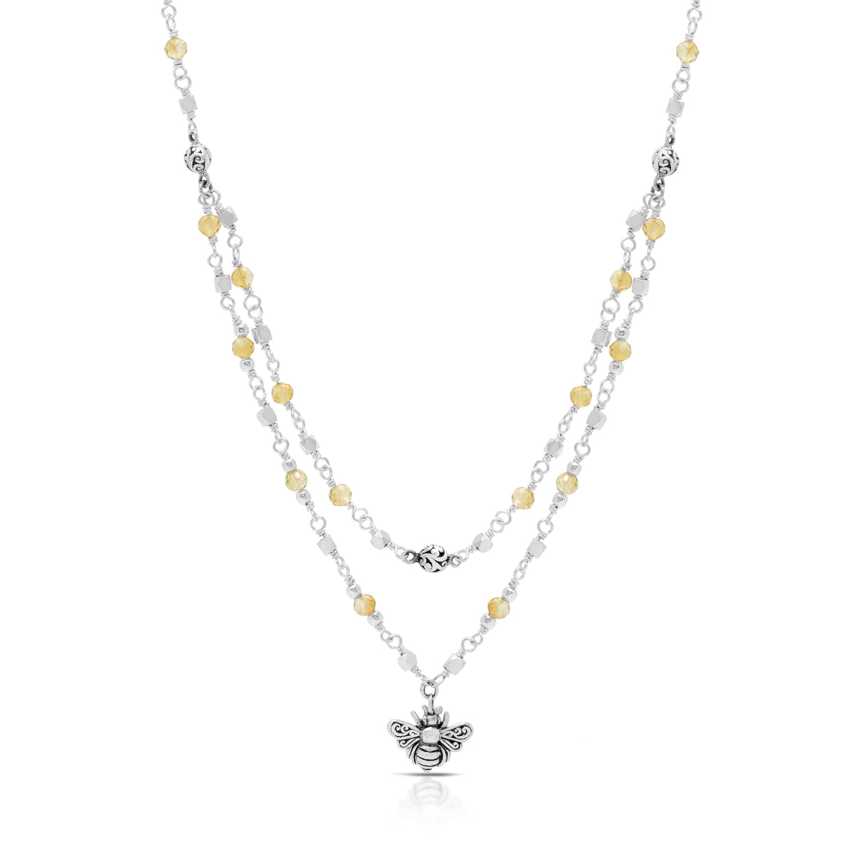 Faceted Citrine Beads and LH Scroll Beads on Two-Strand Wire-Wrapped Necklace with Small Bee Pendant (17"-20")