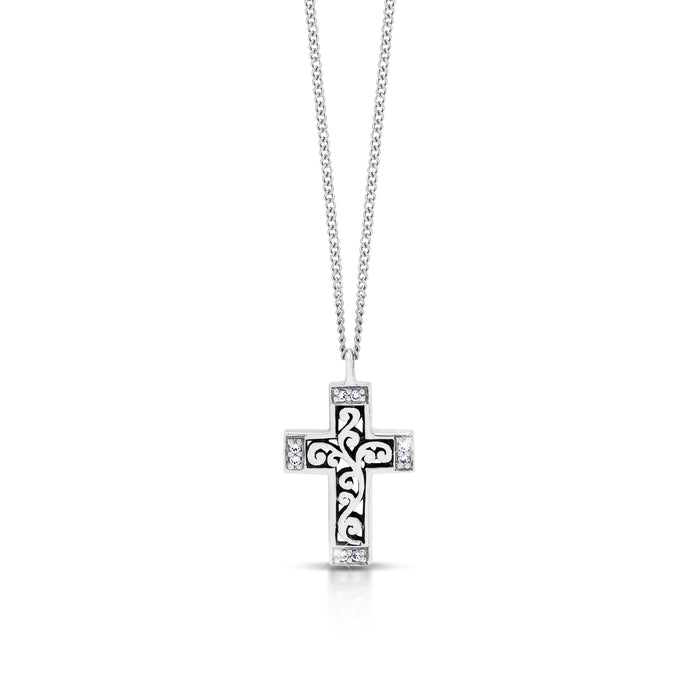 Small Open Scroll Cross Pendant with Diamond Accents Necklace - Lois Hill Jewelry
