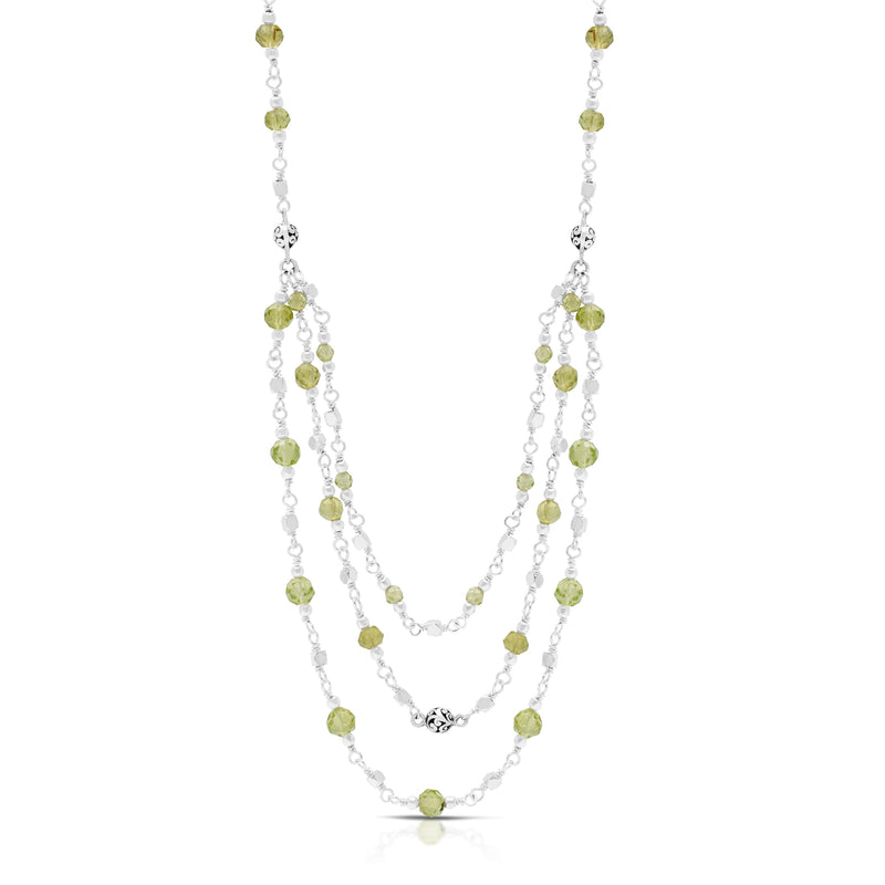 Faceted Peridot Beads with LH Scroll Beads In Three Strands Wire-Wrapped Necklace (17"-20")