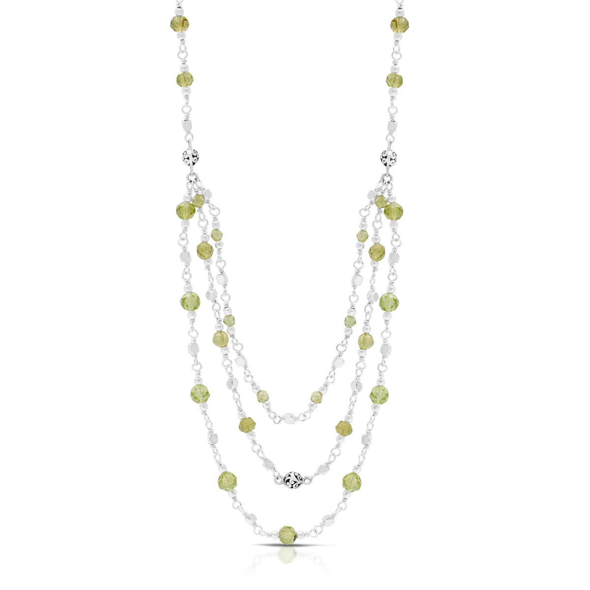 Faceted Peridot Beads with LH Scroll Beads In Three Strands Wire-Wrapped Necklace (17"-20")