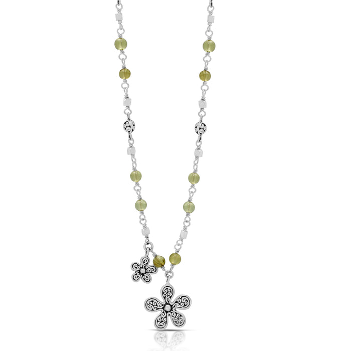 Peridot Beads (4mm) with Delicate LH Scroll Double Flower Charms Pendant with Single Strand Necklace (17"- 20")