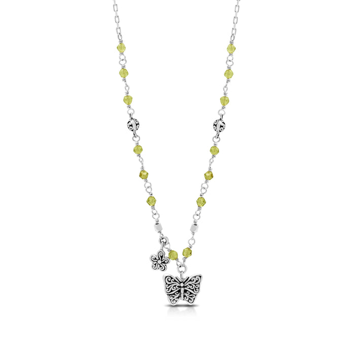 Peridot and LH Scroll Beads with Butterfly with Baby Flower Pendant Wire-Wrapped Half Chain Necklace (17"-20")