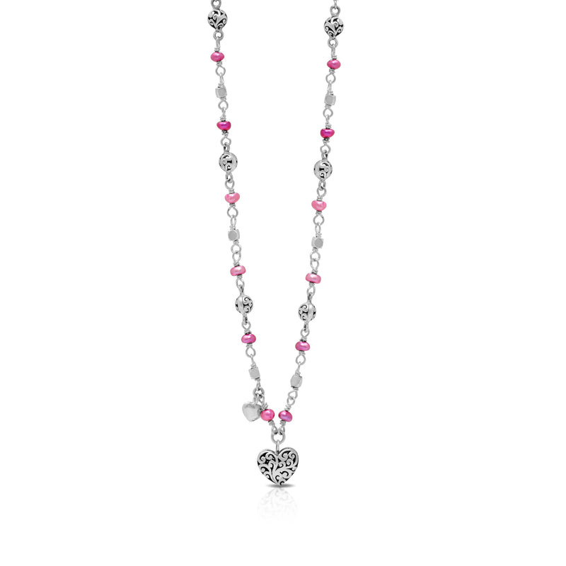 Pink Pearl Beads (4mm) & LH Scroll Heart-Shaped Pendant with Delicate Single Strand Necklace (17"- 20")