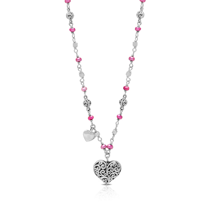 Pink Pearl Beads (4mm) & LH Scroll Heart-Shaped Large Pendant with Delicate Single Strand Necklace (17"- 20")