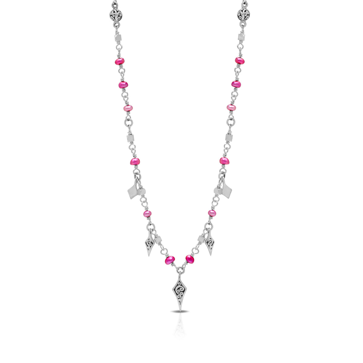 Pink Pearl Beads (4mm) & LH Scroll Beads Diamond-Shaped Charm with Delicate Single Strand Necklace (17"- 20")