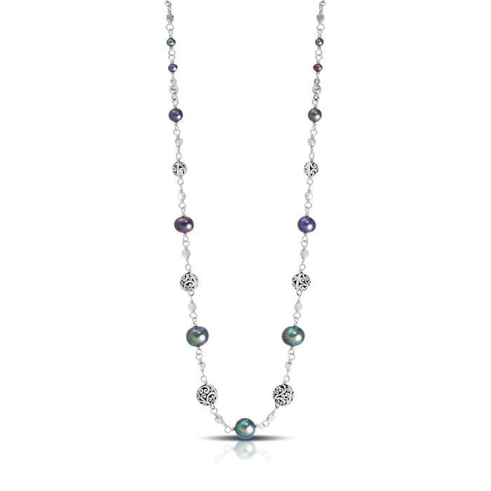 Peacock Pearl Beads & LH Scroll Tapered Beads Single Strand Wire-Wrapped Necklace (17"-20")
