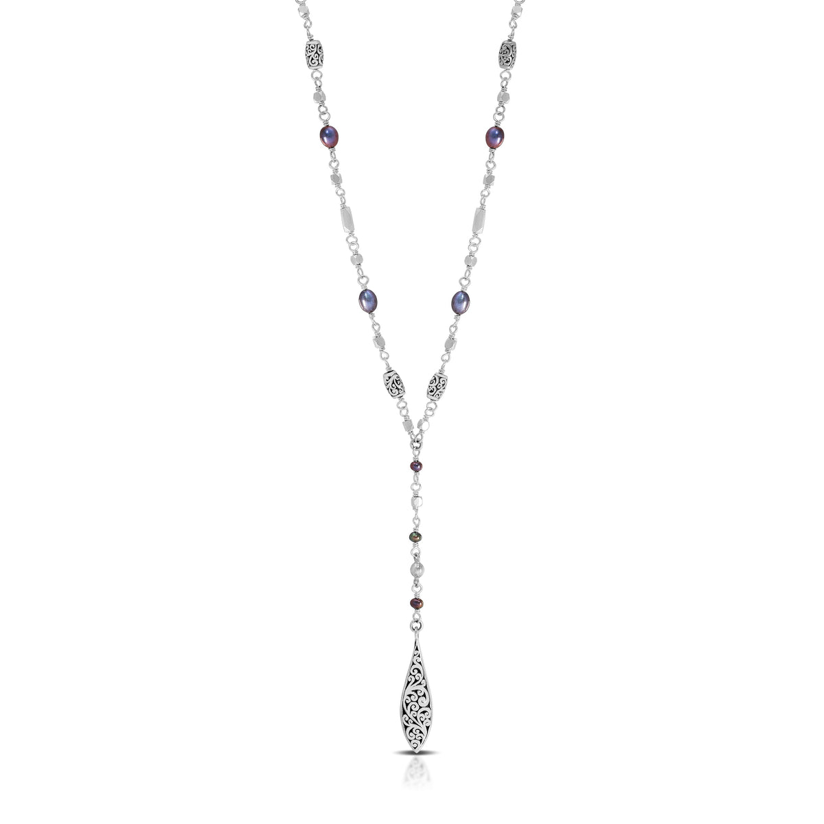 Peacock Rice-Shaped and LH Scroll Barel Beads with Marquise Dangle Necklace (17"-20")
