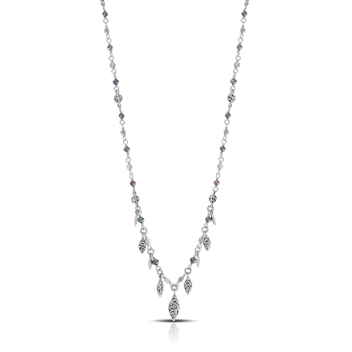 Peacock Pearl Beads & LH Scroll Beads Wire-Wrapped with Marquise Charms Necklace (17"-20")