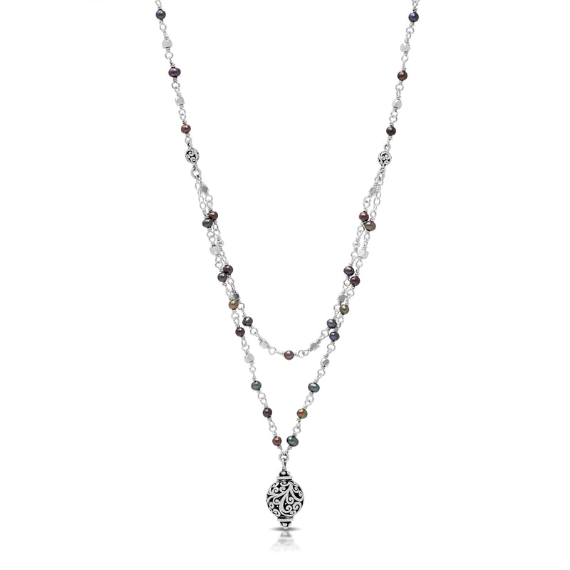 Peacock Pearl and LH Scroll Beads Bobble Double Strand Necklace (17"-20")
