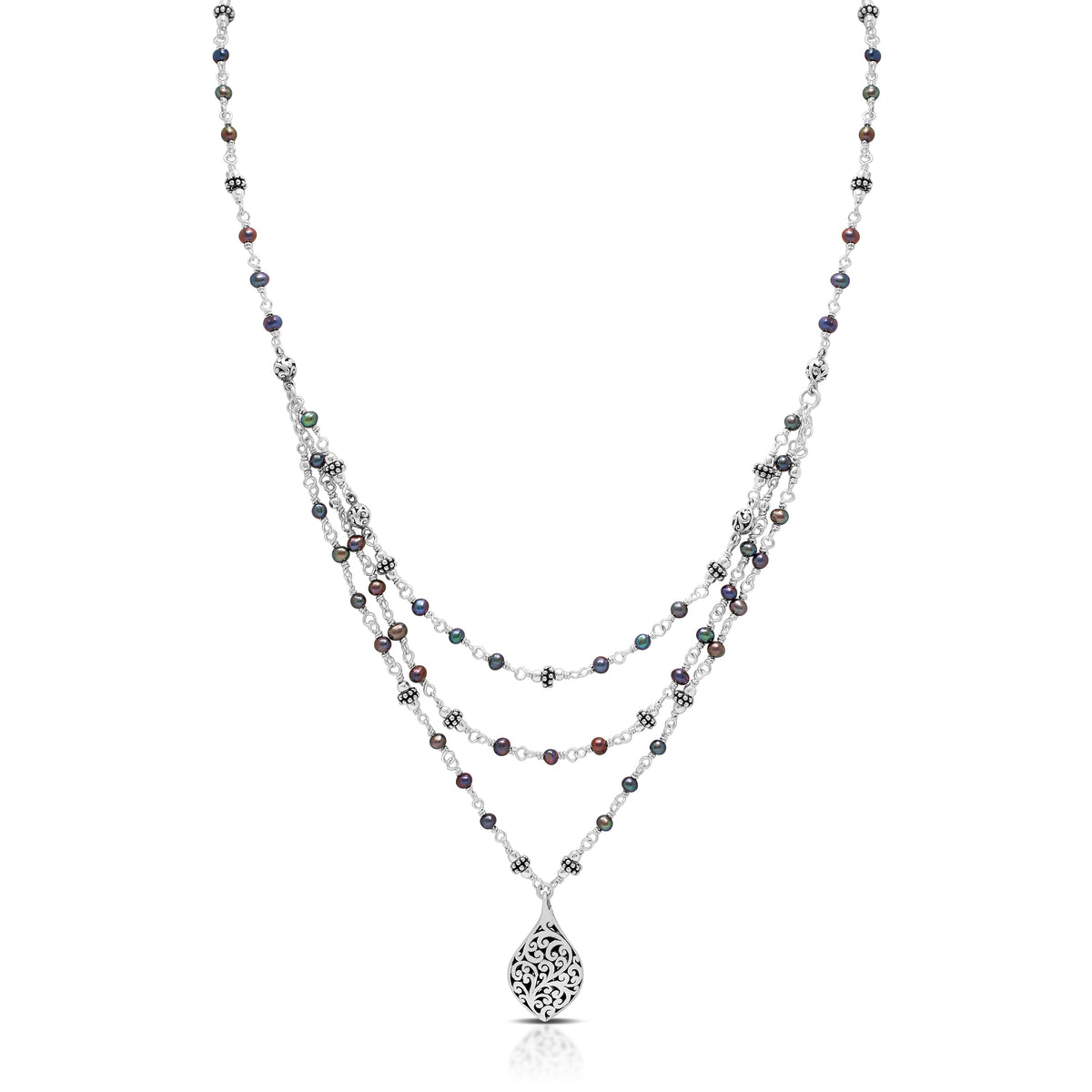 Peacock Pearl (3mm) and LH Scroll Beads Diamond Necklace (17"-20")