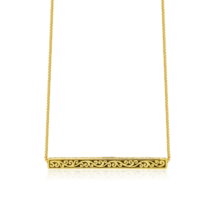 18K Yellow Gold Delicate Signature Scroll Bar Pendant Necklace