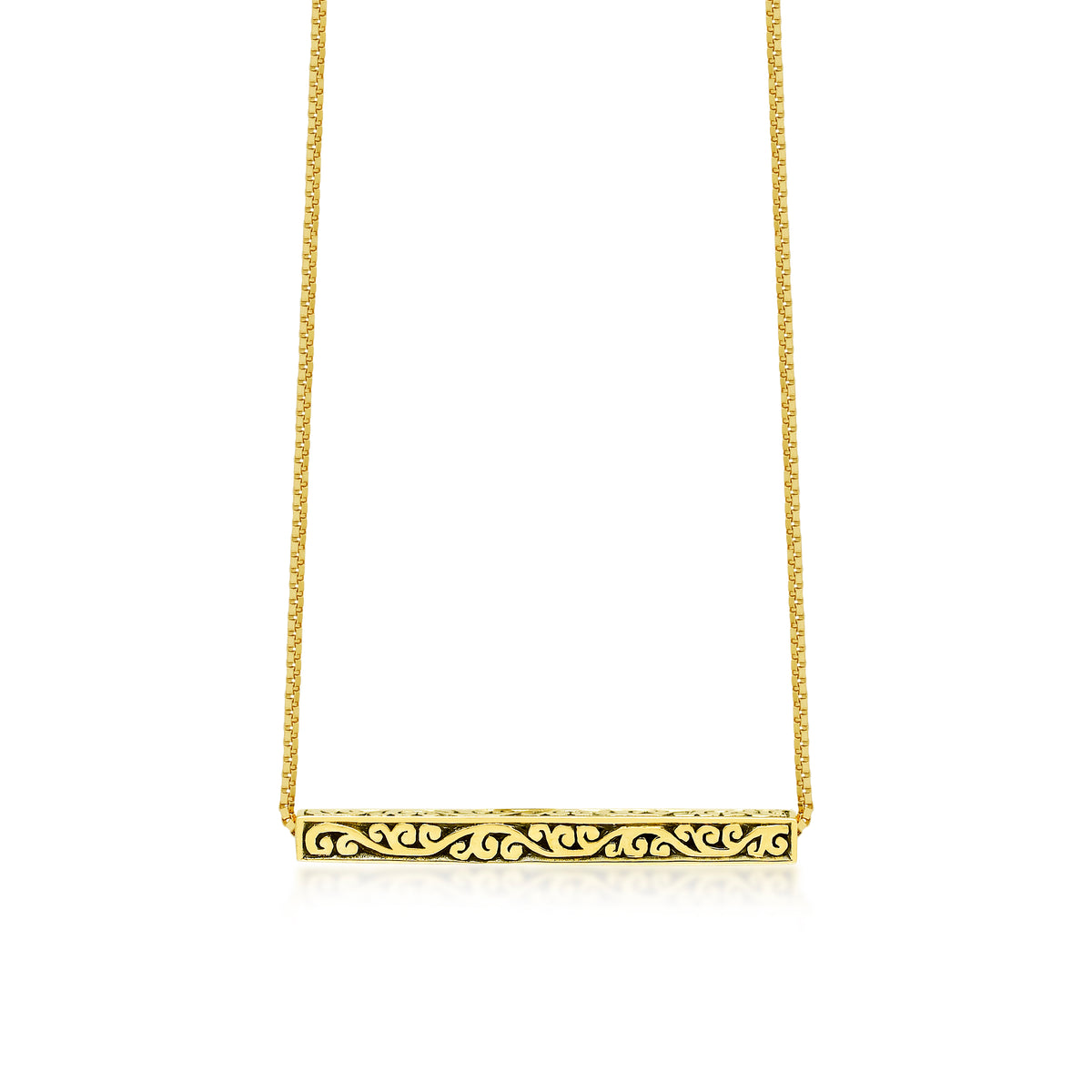 18K Yellow Gold Delicate Signature Scroll Medium Bar Pendant Necklace