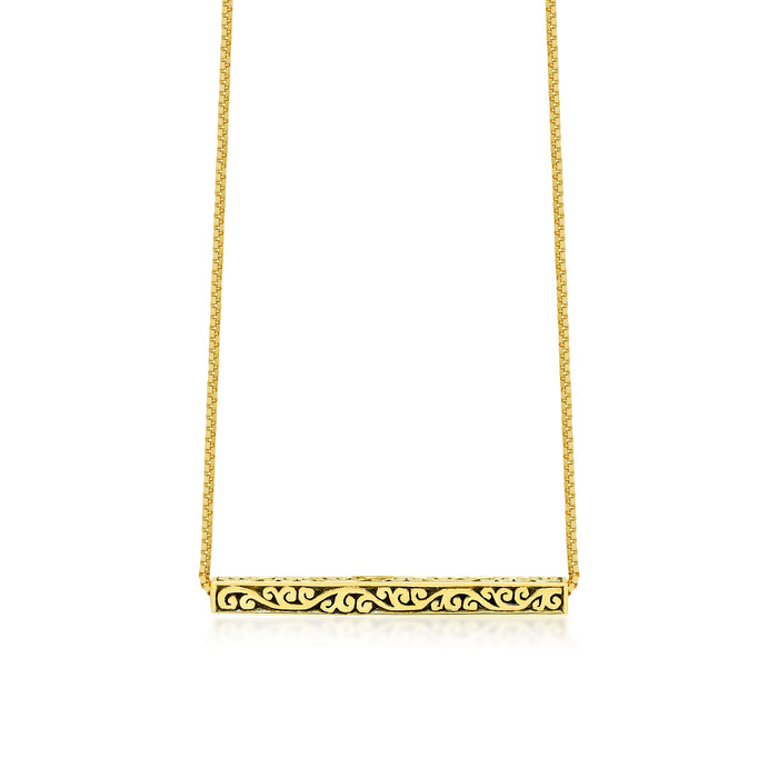 18K Yellow Gold Delicate Signature Scroll Medium Bar Pendant Necklace