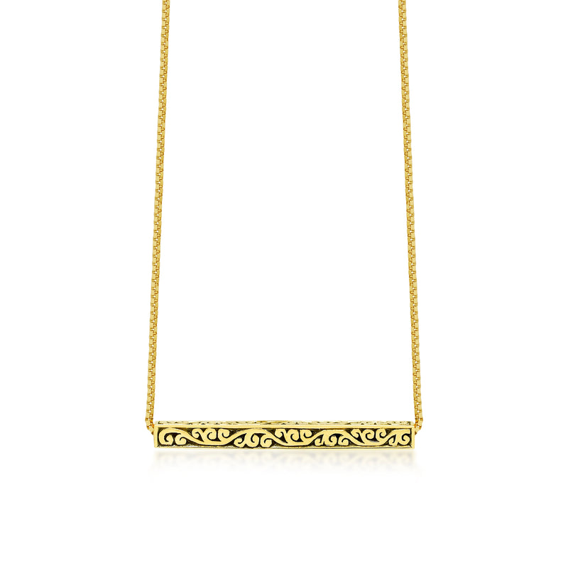 18K Yellow Gold Delicate Signature Scroll Medium Bar Pendant Necklace
