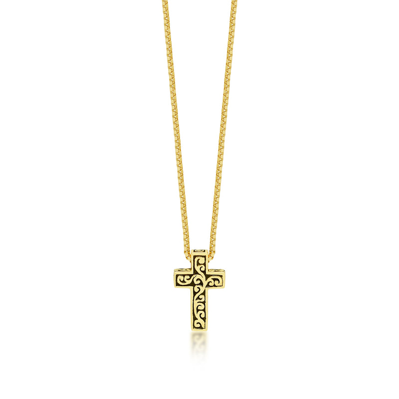 18K Yellow Gold Delicate Signature Scroll Cross Pendant Necklace