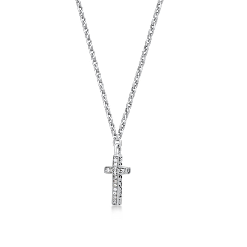 White Diamond Sterling Silver LH Signature Scroll Cross Pendant Necklace on Adjustable Chain - Lois Hill Jewelry