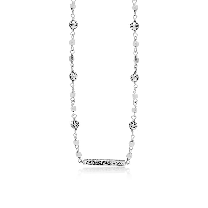 Classic Signature Scroll Ball Station Chain with Scroll Bar Pendant Necklace. 20mm x 2mm Pendant on 16'' Chain Length