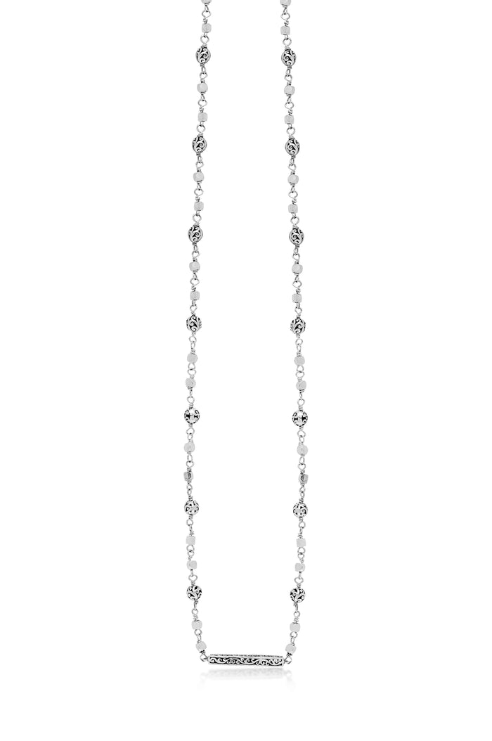 Classic Signature Scroll Ball Station Chain with Scroll Bar Pendant Necklace. 20mm x 2mm Pendant on 16'' Chain Length