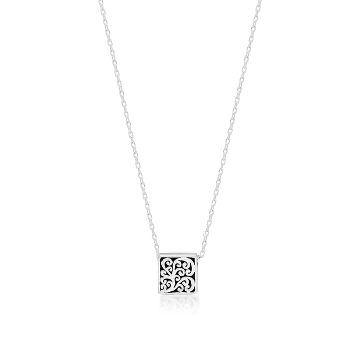 LH Signature Scroll Sterling Silver Delicate Tiny Square Block Pendant Necklace in 18" Adjustable Chain,  Pendant size 8 mm - Lois Hill Jewelry