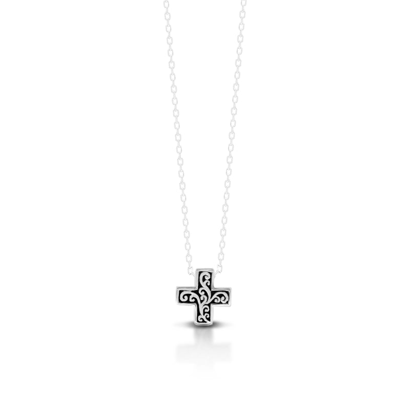 LH Signature Scroll Sterling Silver Delicate Cross Pendant Necklace in 18" Adjustable Chain.  Pendant size 9 mm - Lois Hill Jewelry