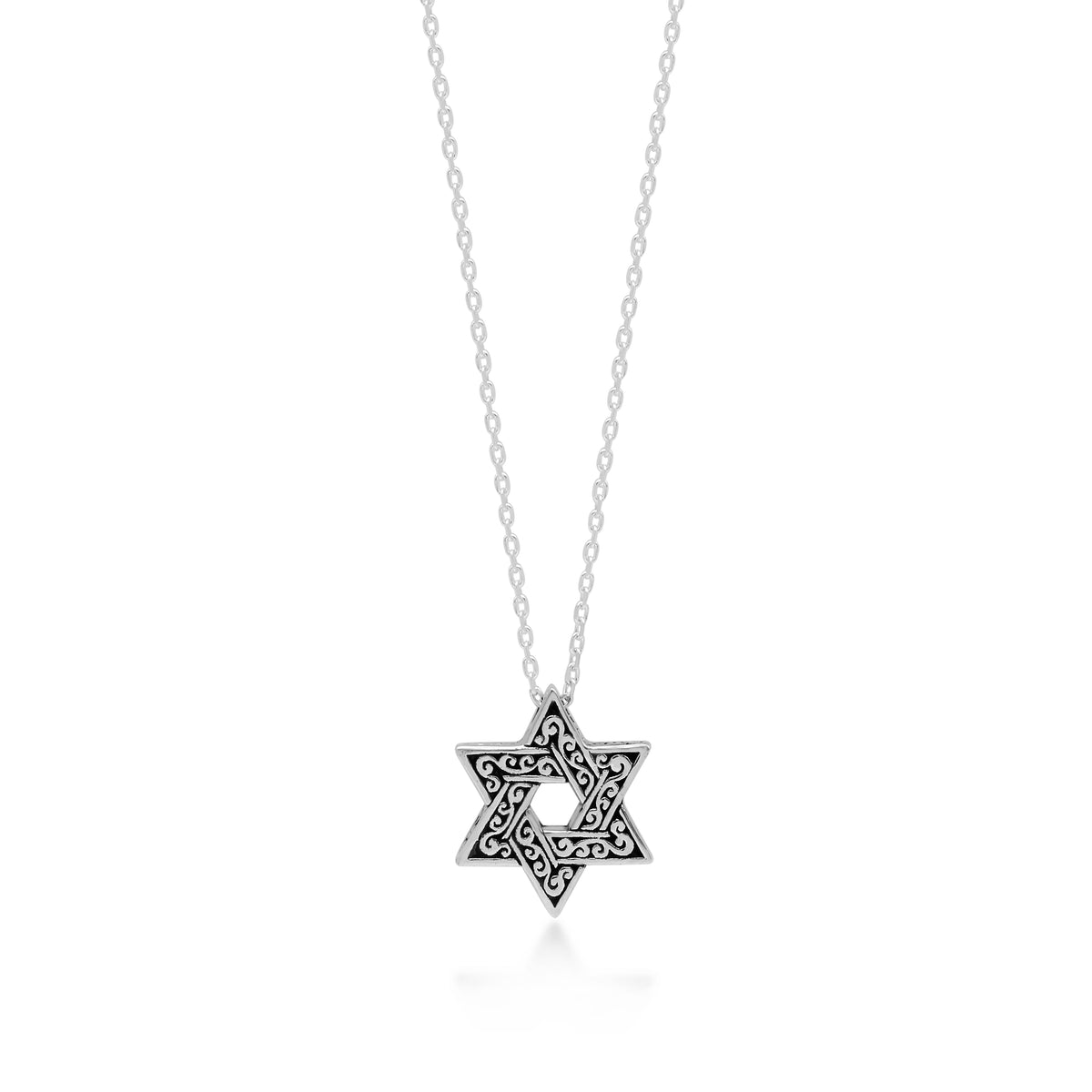LH Signature Scroll Sterling Silver Delicate Star-of-David Pendant Necklace in 18" Adjustable Chain.  Pendant size 15mm - Lois Hill Jewelry