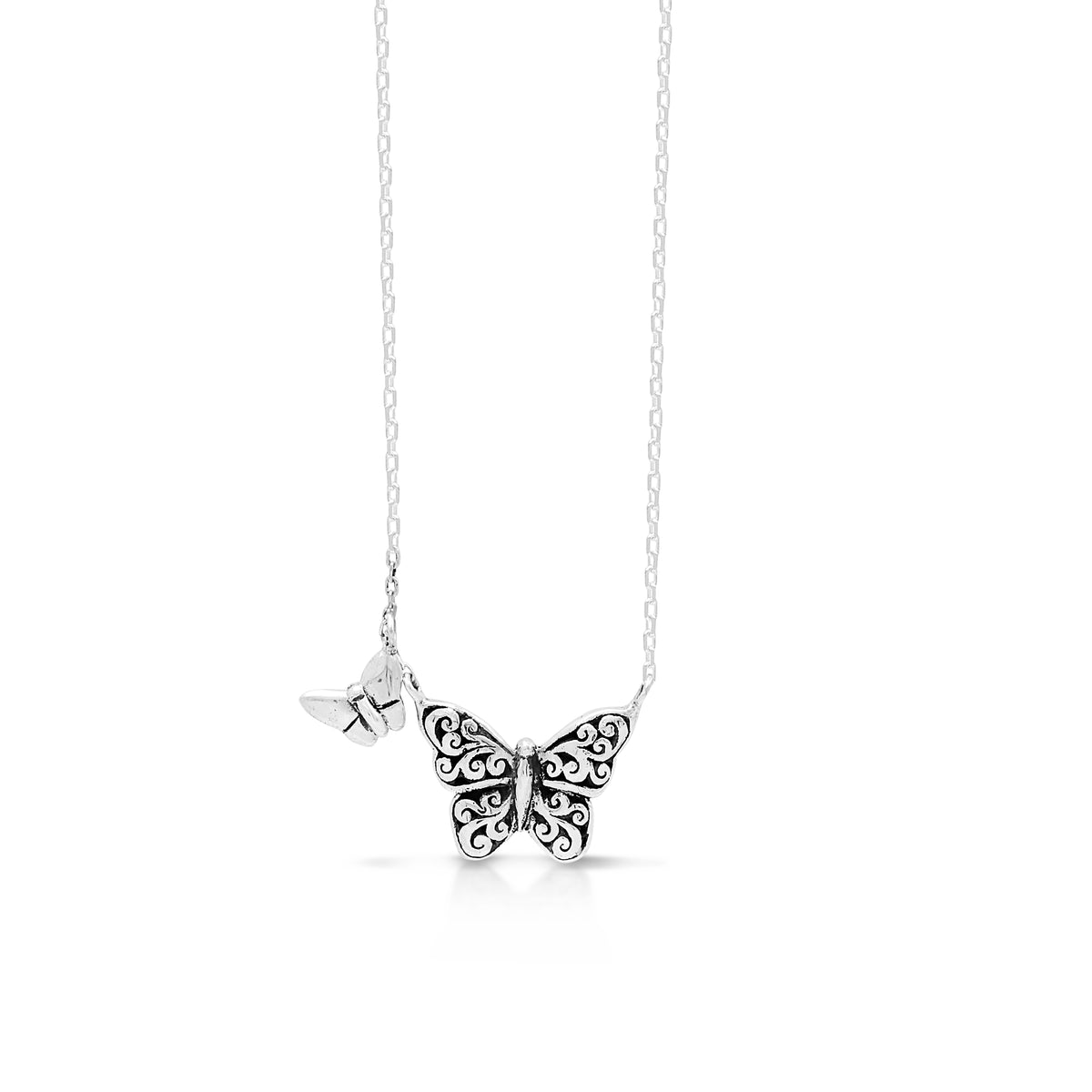 LH Signature Scroll Sterling Silver Delicate Double Butterflies Pendant Necklace in 18" Adjustable Chain.  Pendant Size 11 mm - Lois Hill Jewelry