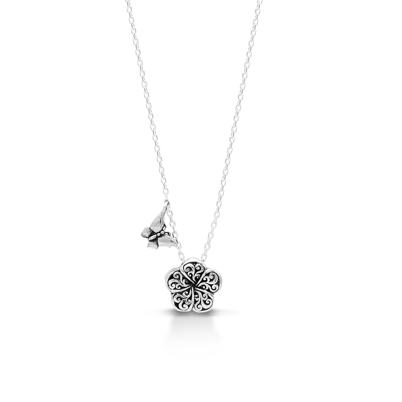 LH Signature Scroll Sterling Silver Delicate Flower Pendant Necklace with Small Butterfly in 18" Adjustable Chain.  Pendant Size 8mm - Lois Hill Jewelry