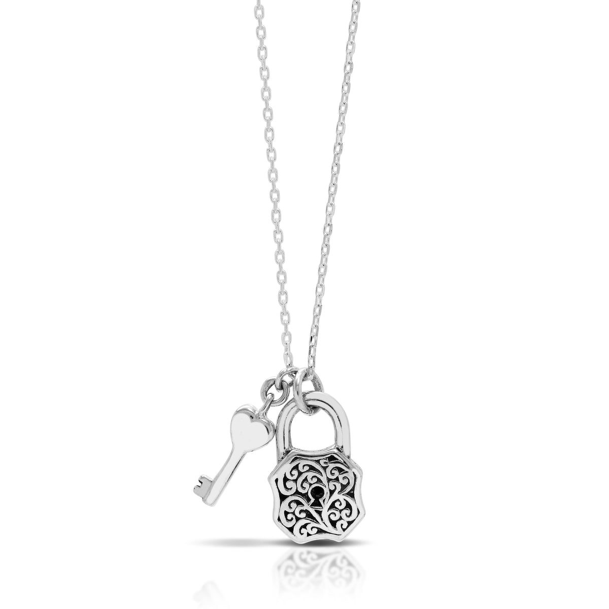 Classic Signature Scroll Stylised Padlock Pendant with Hanging Key Necklace