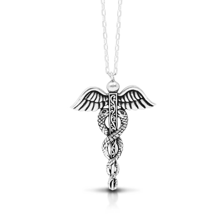 Classic Signature Scroll Caduceus Pendant Necklace (27mm x 34mm. 18" Adjustable Chain)