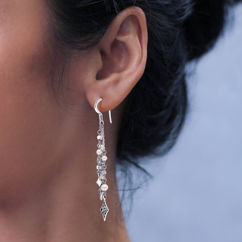 Mother-of-Pearl LH Scroll Diamond Shape Charms Chandelier Earrings