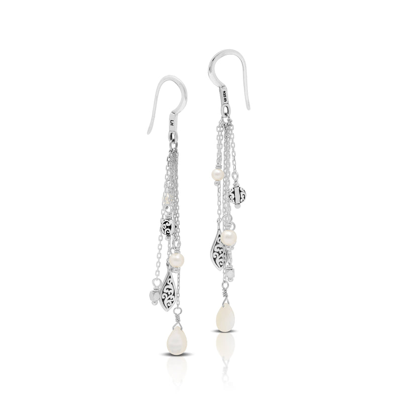 White Mother-of-Pearl LH Scroll Charms Multi Layer Chandelier Earrings