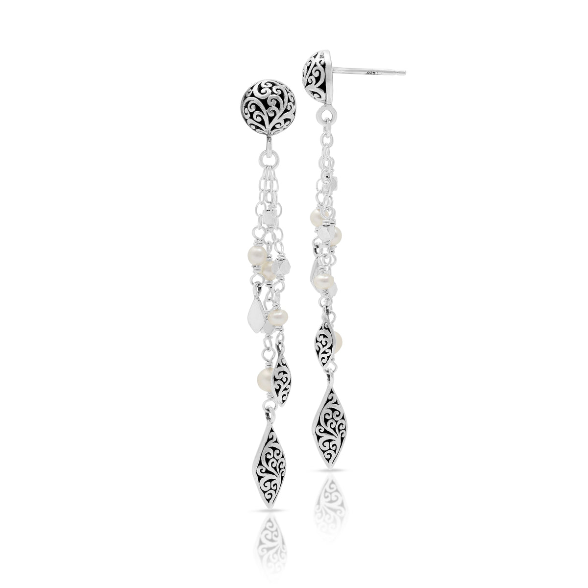White Pearl LH Scroll Marquise Drop Charms Chandelier Earrings