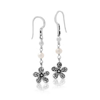 LH Scroll Flower Charms Mother-of-Pearl Drop Earrings