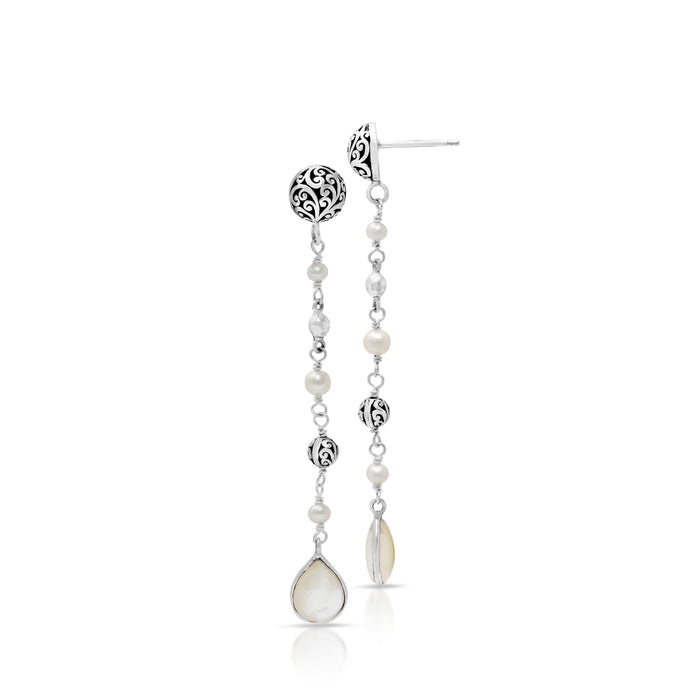 Mother-of-Pearl with Signature Scroll Bead Little Teardrop Linear Post Earring