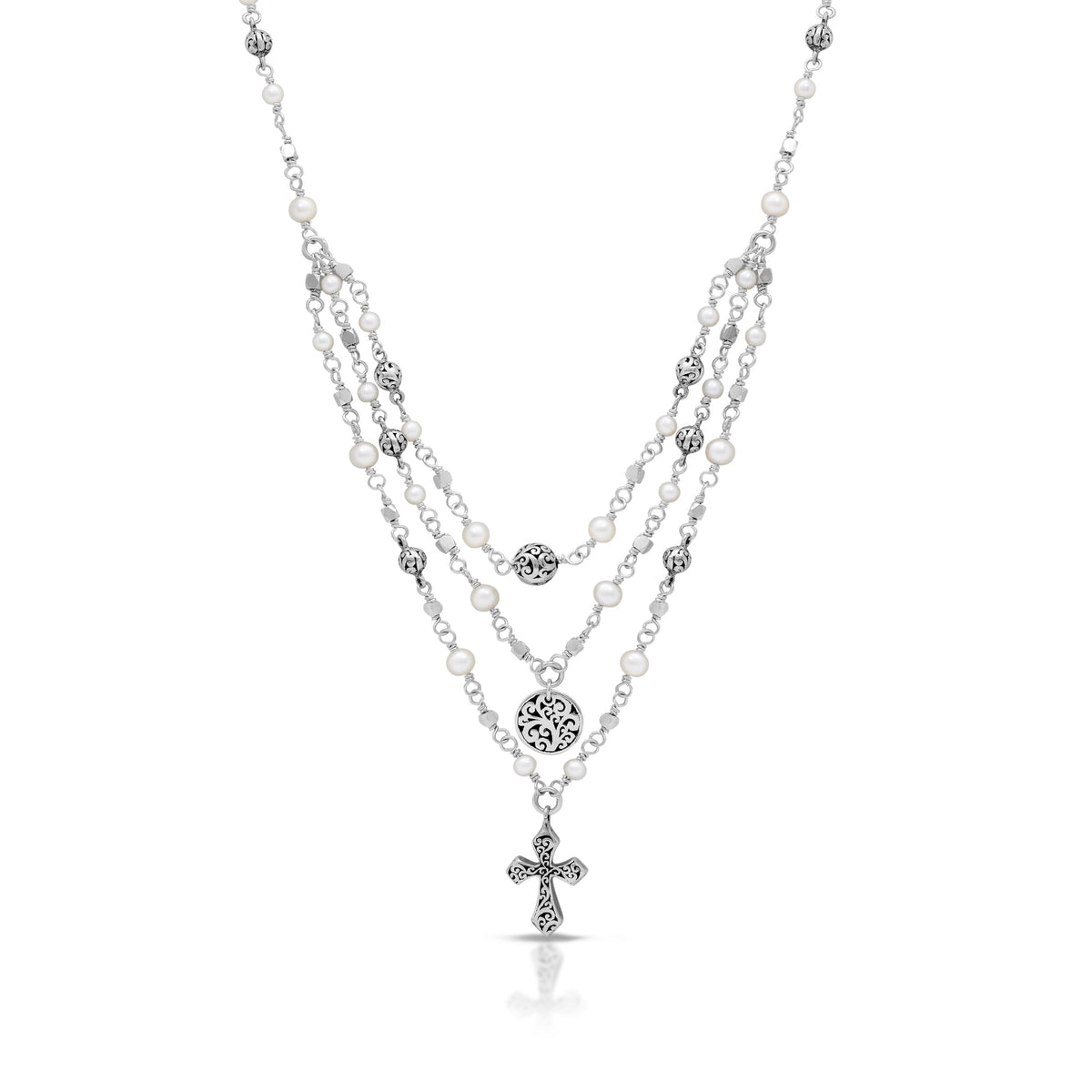 Three-Row Wire Wrapped Mother-of-Pearl Necklace with LH Scroll Cross & Disc Charms; 17"-20"