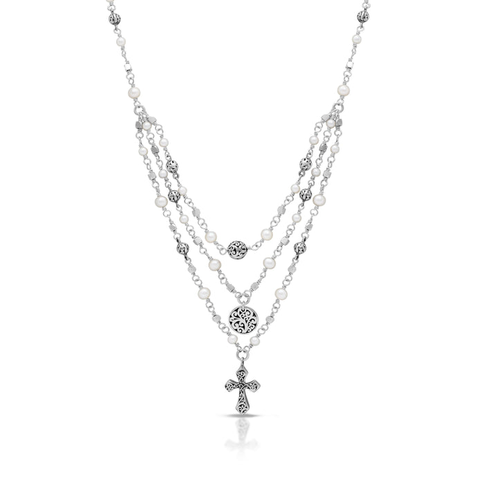 Three-Row Wire Wrapped Mother-of-Pearl Necklace with LH Scroll Cross & Disc Charms; 17"-20"