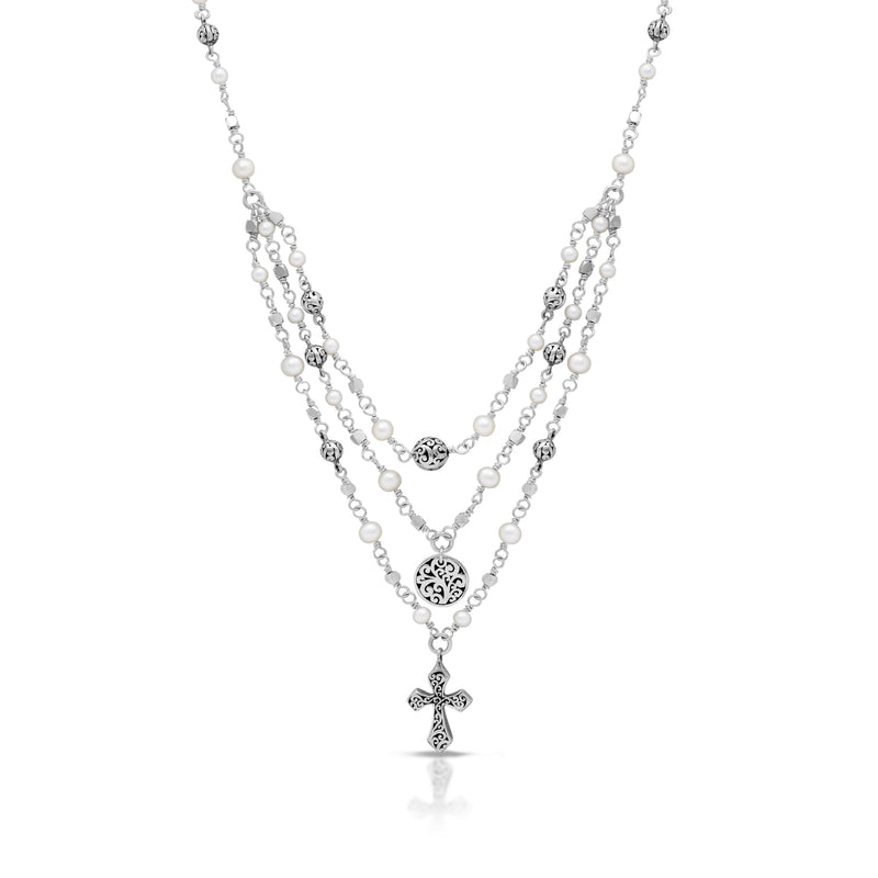 Three-Row Wire Wrapped Mother-of-Pearl Necklace with LH Scroll Cross & Disc Charms; 17"-20"