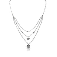 Three-Row Wire Wrapped Mother-of-Pearl Necklace with LH Scroll Heart & Disc Charms; 17"-20"