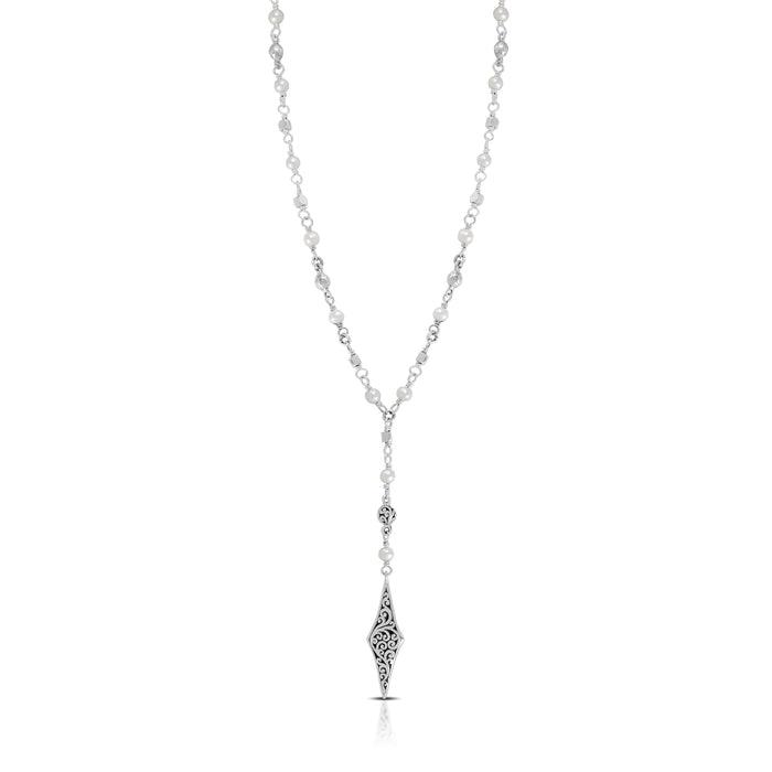 Mother-of-Pearl & LH Scroll Beads With Diamond-Shaped Charm Necklace ( 17''- 20")