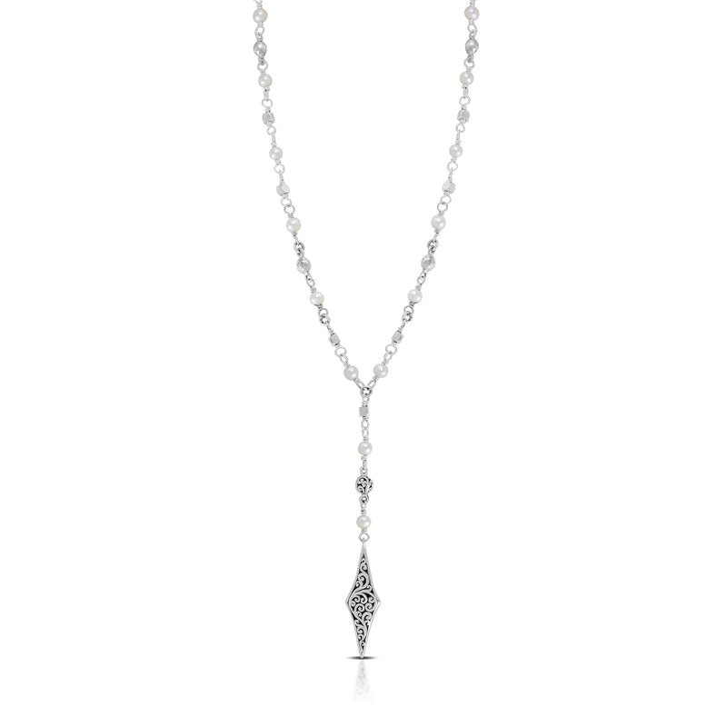 Mother-of-Pearl & LH Scroll Beads With Diamond-Shaped Charm Necklace ( 17''- 20")