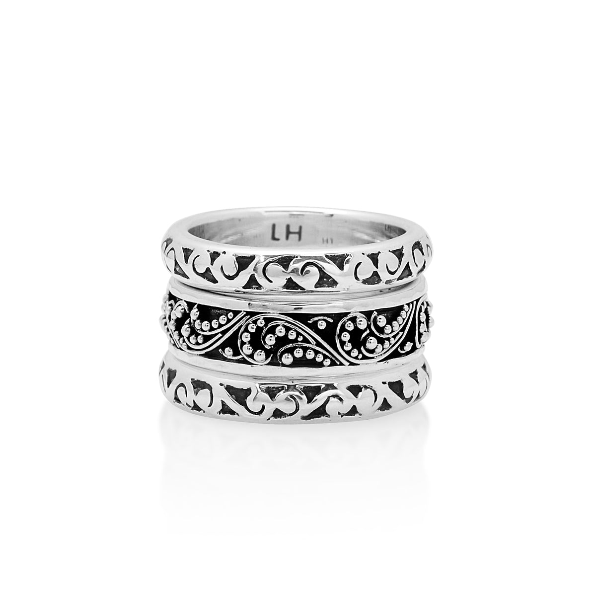 Classic Granulated and Hand Carved Triple Stacked Ring - Lois Hill Jewelry