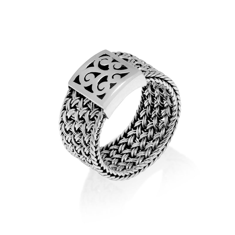 Classic Textile Weave Cutout Scroll Square Ring