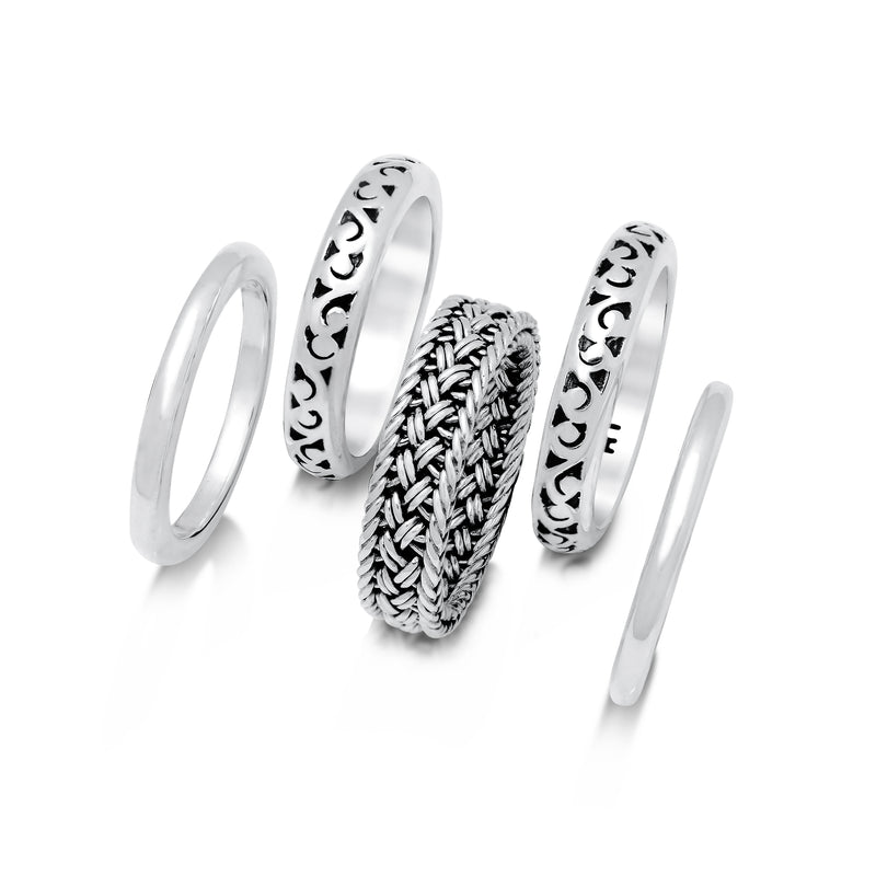 5 - Stack LH Scroll Textile Weave Hammered Ring