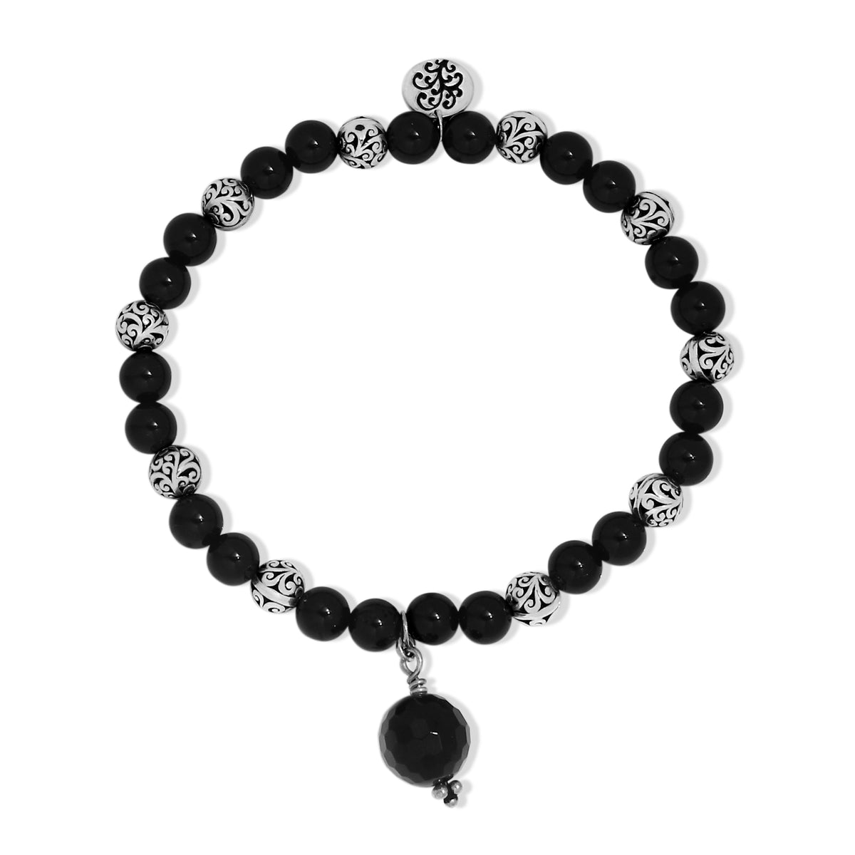 Black Onyx & Scroll Beads (6mm) with Faceted Black Onyx (10mm) Charm Stretch Bracelet