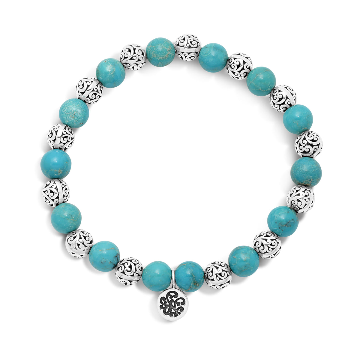 Bright Blue Turquoise Bead (7mm) with Scroll Sterling Silver Bead Stretch Bracelet - Lois Hill Jewelry