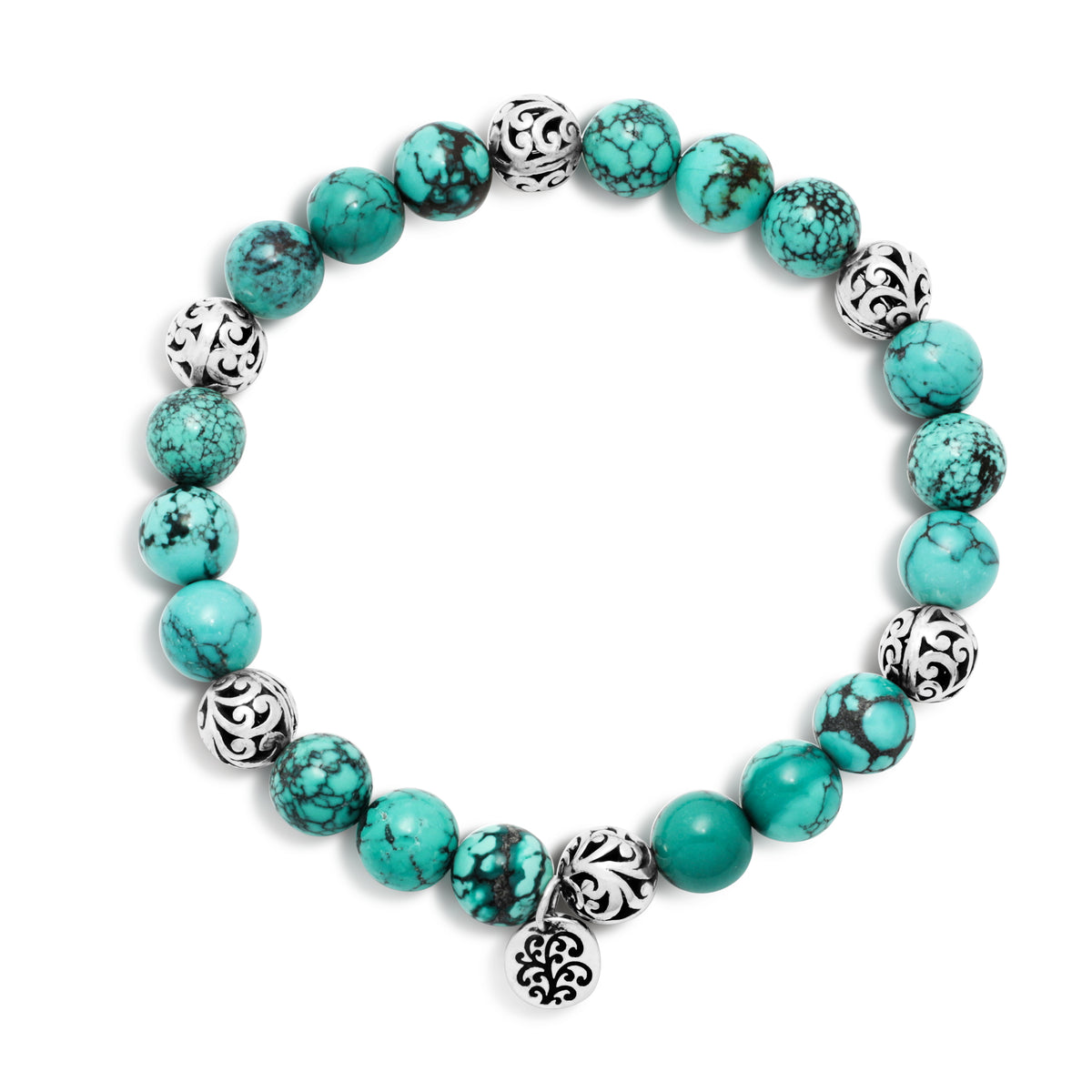 Blue Black Turquoise Bead (8mm) with Scroll Sterling Silver Bead Stretch Bracelet - Lois Hill Jewelry