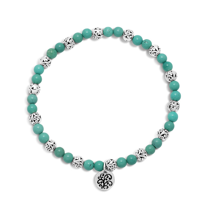 Blue Green Turquoise Bead (4mm) with Scroll Sterling Silver Bead Stretch Bracelet - Lois Hill Jewelry