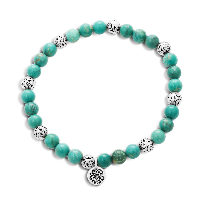 Blue Green Turquoise Bead (6mm) with Scroll Sterling Silver Bead Stretch Bracelet - Lois Hill Jewelry